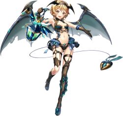 1girl armor armpits artist_request asymmetrical_legwear bat_wings bikini_armor black_panties blonde_hair breasts demon_costume demon_tail full_body game_cg gloves headband holding holding_lantern jewelry lantern navel official_alternate_costume official_art open_mouth panties red_eyes ring roane_(unitia) short_hair solo source_request tail teeth torn_clothes transparent_background underwear unitia upper_teeth_only wings