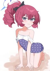 1girl :3 absurdres alternate_costume alternate_hairstyle anma21 bare_legs bare_shoulders barefoot blue_archive bow collarbone commentary grey_eyes hair_bow halo highres iroha_(blue_archive) looking_at_viewer one-piece_swimsuit polka_dot_one-piece_swimsuit ponytail purple_halo purple_one-piece_swimsuit red_hair solo swimsuit white_background