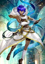 1boy armlet bandaged_leg bandages bangle belt black_blade_(fate) black_shorts blue_background bracelet brown_belt dagger dark-skinned_male dark_skin earrings fate/grand_order fate_(series) foot_out_of_frame game_cg hair_between_eyes hands_up hassan_of_the_shining_star_(fate) holding_sickle hood hood_down jewelry knife light_particles looking_at_viewer male_focus mole mole_on_cheek official_art outstretched_arm purple_hair reverse_grip sandals scar scar_on_neck short_hair shorts sickle sleeveless solo task_owner third-party_source toes toned toned_male very_dark_skin weapon yellow_eyes