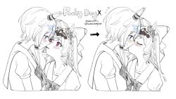 Rule 34 | 2girls, animal ears, arrow (symbol), blue eyes, blue hair, blush, bow, bowtie, braid, brown hair, chinese commentary, commentary request, cropped torso, daiichi ruby (umamusume), dated, drill hair, drill sidelocks, ear covers, eye contact, facing another, flying sweatdrops, food, greyscale, highres, horse ears, horse girl, k.s.miracle (umamusume), kiss, looking at another, mixed-language commentary, monochrome, multiple girls, multiple views, pocky, pocky day, pocky kiss, puffy short sleeves, puffy sleeves, purple eyes, saramiao-chan, shared food, short sleeves, sidelocks, simple background, spot color, sweat, twitter username, umamusume, white background, yuri