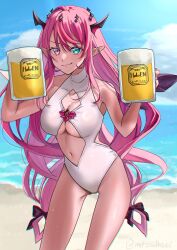 Rule 34 | 1girl, absurdres, alcohol, bare shoulders, beach, beer, beer mug, black horns, black wings, blue eyes, blurry, breasts, cowboy shot, cup, highres, hololive, hololive english, horns, irys (hololive), large breasts, long hair, mizuhasi, mug, multicolored hair, navel, ocean, one-piece swimsuit, purple eyes, purple hair, red hair, sand, solo, streaked hair, swimsuit, two-tone hair, virtual youtuber, water, white one-piece swimsuit, white wings, wings