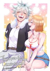 1boy 1girl breasts cleavage elie haru_glory jewelry large_breasts midriff necklace open_mouth rave_(manga) skirt smile teeth thighs