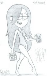1girl artist_name bare_shoulders can character_name chips_(food) commentary drink drink_can english_commentary food freckles full_body gravity_falls holding holding_can holding_drink holding_food justd3f long_hair nose potato_chips sketch soda soda_can swimsuit traditional_media very_long_hair walking wendy_corduroy whistle whistle_around_neck