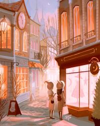 2girls backpack bag bare_tree blue_sky boots brown_boots brown_hair building city cityscape clock cloud cobblestone commentary crescent_moon cup display disposable_coffee_cup disposable_cup door english_commentary evening facing_away green_hat green_shirt handbag hanging_sign hat highres holding holding_bag holding_cup knee_boots lamppost long_hair looking_at_object maxine_vee moon multiple_girls original outdoors people plaid_clothes plaid_skirt plant potted_plant road shadow shirt shop shopping_bag sign skirt sky street tower tree white_hair white_skirt window witch_hat