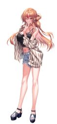 1girl amakano_3 black_camisole blue_eyes breasts camisole denim denim_shorts earrings grin hair_bun jacket jewelry large_breasts looking_at_viewer multicolored_hair nail_polish official_art one_eye_closed orange_hair piromizu plaid_clothes plaid_jacket platform_heels red_hair short_shorts shorts single_side_bun smile solo streaked_hair transparent_background v yanagi_kanon