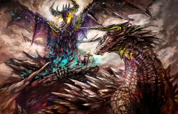 Rule 34 | 1girl, animal focus, breath weapon, breathing fire, brown sky, claws, cloud, cloudy sky, commentary request, dragon, fire, highres, holding, holding staff, horns, monster, original, outdoors, pixiv fantasia, pixiv fantasia t, sakaya313, scales, sky, staff, standing, western dragon, wings
