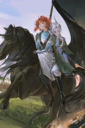 absurdres armband black_boots black_cape black_horse blue_eyes blue_jacket blue_shirt blue_sky boots brown_boots cape couter cropped dress gauntlets grass grey_eyes grey_hair grin gun hair_ornament highres horseback_riding jacket long_dress long_hair looking_ahead marsha_(reverse:1999) multiple_riders outdoors pants pants_under_dress red_hair reverse:1999 riding rifle rod_of_asclepius sentinel_(reverse:1999) shirt short_hair sky smile volcanoyyy weapon white_armband white_dress white_pants