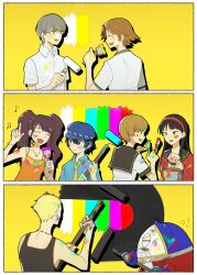 4boys 4girls absurdres amagi_yukiko black_hair black_shirt blue_hair blue_hat blue_shirt brown_hair closed_eyes collared_shirt commentary_request dress facepaint flying_sweatdrops from_behind grey_hair hairband hanamura_yousuke hat highres holding holding_paintbrush kujikawa_rise kuma_(persona_4) long_hair millotic multiple_boys multiple_girls musical_note narukami_yu necktie newsboy_cap orange_dress paint paintbrush persona persona_4 persona_4_revival red_hairband satonaka_chie school_uniform shirogane_naoto shirt sleeveless sleeveless_dress sleeveless_shirt smile tatsumi_kanji twintails white_shirt yasogami_school_uniform yellow_background yellow_necktie