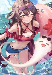 Rule 34 | 1girl, absurdres, asahi (vjss4548), bikini, blue shorts, blush, boo tao (genshin impact), breasts, brown hair, clenched teeth, commentary request, day, eyewear on head, genshin impact, heart, heart-shaped eyewear, highres, holding, holding swim ring, hu tao (genshin impact), innertube, long hair, looking at viewer, navel, ocean, off-shoulder bikini, off shoulder, one eye closed, red bikini, short shorts, shorts, small breasts, solo, stomach, swim ring, swimsuit, teeth, wading