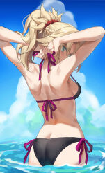 1girl ass bikini black_bikini blonde_hair blue_sky braid breasts butt_crack cloud cloudy_sky fate/apocrypha fate/grand_order fate_(series) green_eyes hair_ornament hair_scrunchie half_up_braid highres mordred_(fate) mordred_(swimsuit_rider)_(fate) parted_bangs ponytail red_scrunchie scrunchie sideboob sidelocks sky small_breasts solo swimsuit tonee tying tying_bikini