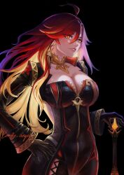 1girl absurdres black_background black_bodysuit black_gloves bodysuit breasts cleavage comfy_angel genshin_impact gloves highres large_breasts mavuika_(genshin_impact) multicolored_eyes multicolored_hair orange_eyes orange_hair red_eyes red_hair simple_background solo