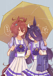 !? 2girls absurdres agnes_tachyon_(umamusume) ahoge animal_ears black_hair blush bow bowtie brown_hair chemical_structure earrings hair_between_eyes highres holding holding_umbrella horse_ears horse_girl horse_tail huge_ahoge jewelry long_bangs long_hair long_hair_between_eyes manhattan_cafe_(umamusume) medium_hair multicolored_hair multiple_girls noon_463 puffy_short_sleeves puffy_sleeves purple_bow purple_bowtie purple_shirt purple_skirt rain red_eyes sailor_collar shared_umbrella shirt shirt_tucked_in short_sleeves single_earring skirt speech_bubble spoken_interrobang tail translation_request two-tone_shirt two-tone_skirt umamusume umbrella very_long_hair water_drop wet wet_clothes white_hair white_sailor_collar white_shirt white_skirt yellow_eyes yuri