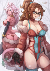 2022 2girls android_21 arc_system_works artist_name back bare_shoulders black_gloves black_nails blue_eyes blue_thighhighs bra breasts brown_hair christmas cleavage collarbone colored_skin dated dragon_ball dragon_ball_fighterz dual_persona earrings elbow_gloves female_focus glasses gloves gold_earrings highres hoop_earrings jammeryx jewelry large_breasts light_blush lingerie long_hair looking_at_viewer majin_android_21 multiple_girls open_mouth panties patreon_logo patreon_username pink_skin pointy_ears red_panties red_thighhighs sidelocks smile standing tail teeth thick_thighs thighhighs thighs twitter_logo twitter_username underwear upper_teeth_only watermark web_address white_hair
