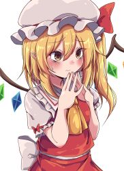 1girl ascot back_bow blonde_hair blush bow brown_eyes closed_mouth commentary_request crystal_wings flandre_scarlet hair_between_eyes hat hat_ribbon highres long_hair mob_cap multicolored_wings pointy_ears puffy_short_sleeves puffy_sleeves red_ribbon red_skirt red_vest ribbon shirt short_sleeves side_ponytail siw0n skirt skirt_set solo steepled_fingers textless_version touhou upper_body vest white_background white_bow white_hat white_shirt wings yellow_ascot
