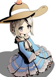 1girl absurdres blonde_hair blue_dress breasts capelet dress emil_chronicle_online flat_chest frilled_dress frills frolyflow2 grey_eyes hat highres simple_background sitting starler_alma straw_hat white_capelet