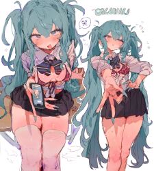1girl animal_print aqua_hair aqua_nails black_skirt bow bowtie bra breasts breasts_out bunchi collared_shirt desk fingernails foreshortening hair_between_eyes hatsune_miku heart highres holding holding_phone leopard_print long_fingernails long_hair phone school_desk shirt sitting skirt striped_bow striped_bowtie striped_clothes thighhighs thighs tied_shirt twintails underwear very_long_hair vocaloid white_shirt white_thighhighs