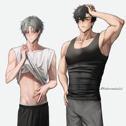 2boys abs alien_stage artist_name black_eyes black_hair black_pants black_tank_top blush clothes_lift collarbone covered_abs curtained_hair green_eyes grey_hair grey_pants hair_between_eyes hand_on_own_head hand_on_own_stomach highres ivan_(alien_stage) kakeruekaki lifting_own_clothes looking_at_another male_focus male_underwear male_underwear_peek multiple_boys muscular navel pants pectorals shirt shirt_lift short_hair sweat tank_top till_(alien_stage) toned toned_male underwear veins veiny_arms white_tank_top yaoi