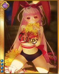 Rule 34 | 1girl, animal ears, artist request, barefoot, breasts, buruma, card (medium), cheerleader, female focus, jpeg artifacts, kneeling, large breasts, long hair, looking at viewer, midriff, navel, no pants, official art, pink hair, pom pom (cheerleading), rabbit ears, red eyes, sengoku bushouki muramasa, skirt, solo, sword, toudou takatora (sengoku bushouki muramasa), unworn skirt, very long hair, weapon