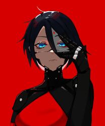 1girl android black_hair blue_eyes cyberpunk elster_(signalis) highres joints metal_skin robot_girl robot_joints science_fiction short_hair signalis simple_background solo trooves