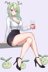 1girl absurdres alternate_costume bare_legs black_choker black_footwear black_skirt bra bra_peek breasts ceres_fauna choker cleavage crossed_legs cup flower green_hair grey_bra grin hair_branch hair_flower hair_ornament high-waist_skirt high_heels highres holding holding_cup hololive hololive_english large_breasts long_hair long_sleeves looking_at_viewer miniskirt mole mole_under_eye parfait_desu partially_unbuttoned pencil_skirt sapling_(ceres_fauna) shirt shirt_tucked_in sitting skirt smile solo thighs underwear virtual_youtuber white_shirt yellow_eyes