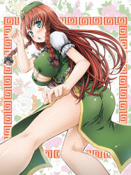 1girl aqua_eyes aru_ra_une ass blush braid breasts chinese_clothes cleavage covered_erect_nipples female_focus hat highres hong_meiling large_breasts long_hair red_hair solo touhou twin_braids