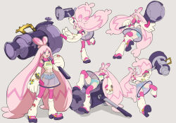 1girl :d blue_shorts closed_eyes commentary_request crop_top denim denim_shorts drooling grey_background hammer holding holding_hammer holding_weapon looking_at_viewer midriff mouth_drool multiple_views navel niihatigounana nintendo one_eye_closed open_mouth personification pink_eyes pink_hair pink_thighhighs pokemon see-through_clothes see-through_skirt shoes shorts simple_background skirt sleeping smile thighhighs tinkaton weapon