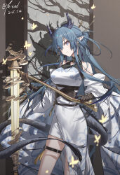 Rule 34 | 1girl, absurdres, arknights, bare shoulders, blue hair, blush, closed mouth, detached sleeves, dragon girl, dragon horns, dragon tail, dress, hair between eyes, hair bun, highres, holding, holding stick, horns, kieed, ling (arknights), long hair, looking at viewer, multicolored eyes, pointy ears, purple eyes, revision, sidelocks, smile, solo, stick, tail, thigh strap, white dress