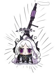 1girl absurdres ahoge blue_archive chibi e_v_e_neko gun highres hina_(blue_archive) horns long_hair machine_gun mg42 purple_eyes solo weapon white_hair