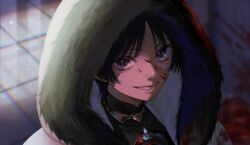 1boy black_bodysuit black_eyes black_hair blood blood_on_clothes blood_on_face blood_on_ground blunt_ends blurry blurry_background bodysuit bright_pupils choppy_bangs coat depth_of_field eyeliner eyeshadow fqczmknaum71262 from_above fur-trimmed_coat fur-trimmed_hood fur_trim genshin_impact gold grin highres hood hood_up hooded_coat jewelry looking_at_viewer makeup making-of_available male_focus mandarin_collar neck_ring parted_bangs portrait procreate_(medium) red_eyeliner red_eyeshadow sanpaku scaramouche_(genshin_impact) smile solo teeth white_coat white_hood white_pupils