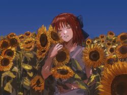 1girl ashashio blue_bow blue_sky bow flower hair_bow highres kohaku_(tsukihime) medium_hair red_hair sky smile solo standing sunflower tsukihime yellow_eyes