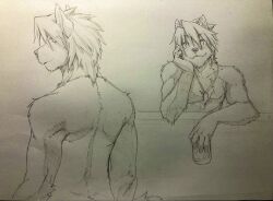 1boy animal_ears biceps can commentary_request convenient_censoring dog_boy dog_ears dog_nose dog_tags dog_tail from_behind furry furry_male graphite_(medium) hatching_(texture) head_on_hand highres holding holding_can indeigo15 jewelry kouya_aotsuki long_hair looking_at_viewer looking_back male_focus morenatsu muscular muscular_male necklace pectorals pen_(medium) smile tail topless_male traditional_media