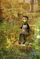 1girl birdhouse black_hat black_pantyhose black_shirt black_shoes blouse brown_eyes brown_hair collared_shirt female_focus flower_pot hat highres looking_away moss original outdoors overgrown pantyhose plant potted_plant scenery shirt shoes short_hair shovel sitting solo sonidoriy stairs watering_can wide_shot worktool