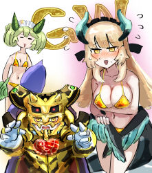 3girls armor bikini black_horns black_tail black_wings blonde_hair blue_horns blush breasts chamber_dragonmaid cosplay cowboy_shot dragon_girl dragon_horns dragon_tail dragon_wings duel_monster eldlich_the_golden_lord eldlich_the_golden_lord_(cosplay) embarrassed gold_armor gold_bikini golden_week green_hair green_horns green_tail hatano_kiyoshi highres horns large_breasts laundry_dragonmaid long_hair low_wings maid_headdress multiple_girls navel parlor_dragonmaid small_breasts swimsuit tail wings yellow_eyes yu-gi-oh!