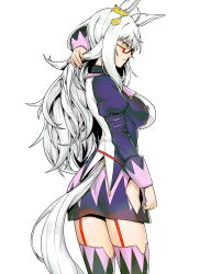 1girl absurdres animal_ears biwa_hayahide_(umamusume) breasts closed_mouth cowboy_shot from_side garter_straps glasses grey_hair highres horse_ears horse_girl horse_tail impossible_clothes impossible_shirt juliet_sleeves large_breasts long_hair long_sleeves minew puffy_sleeves red-framed_eyewear red_garter_straps semi-rimless_eyewear shirt simple_background skin_tight skirt skirt_set sleeve_cuffs solo tail thighhighs umamusume very_long_hair white_background yellow_eyes