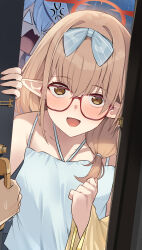 1other 2girls :d absurdres ako_(blue_archive) anger_vein angry blue_archive blue_hair blue_hairband blush brown_eyes brown_hair chinatsu_(blue_archive) collarbone commentary_request doorway glasses hairband halo hand_up heart heart-shaped_pupils highres long_hair looking_at_viewer low_ponytail mi_taro333 multiple_girls open_mouth pointy_ears ponytail pov pov_doorway red-framed_eyewear red_halo shirt smile symbol-shaped_pupils white_shirt