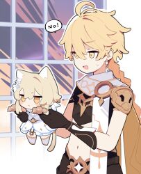 1boy 1girl :&lt; absurdres aether_(genshin_impact) animal_ears animal_hands black_gloves black_pants black_shirt blonde_hair blush braid cat_ears cat_girl cat_tail chibi commentary_request cowboy_shot crop_top dress english_text genshin_impact gloves highres holding holding_mini_person indoors long_hair lumine_(genshin_impact) mini_person open_mouth pants pekeko_(pepekekeko) scarf shirt speech_bubble stomach tail white_dress white_scarf window yellow_eyes