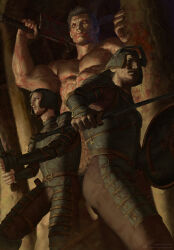 3boys armor berserk blood blood_on_arm blood_on_body blood_on_chest blood_on_face blood_on_hands commentary demon english_commentary forest highres holding holding_sword holding_weapon huge_weapon italomateusart monster multiple_boys nature red_eyes sharp_teeth short_hair size_difference soldier sword tall_male teeth weapon zodd_(berserk)