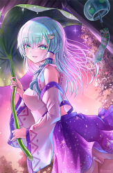 Rule 34 | 1girl, bare shoulders, blue skirt, blush, breasts, collared shirt, detached sleeves, frog hair ornament, from side, green eyes, green hair, hair intakes, hair ornament, hair tubes, highres, kochiya sanae, large breasts, leaf umbrella, long hair, long sleeves, looking at viewer, midriff, open mouth, outdoors, patterned clothing, petticoat, print skirt, ribbon-trimmed shirt, ribbon trim, rouge (my rouge), shirt, single hair tube, single sidelock, skirt, skirt set, sky, smile, snake hair ornament, solo, star (sky), teeth, touhou, tree, twitter username, upper body, water drop, wide sleeves, wind chime