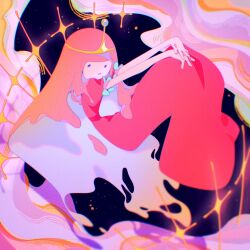 1girl adventure_time colored_skin crown dress highres kinako_(moment) knees_up long_dress long_hair no_nose own_hands_together pink_dress pink_hair pink_skin princess_bonnibel_bubblegum red_dress short_sleeves smile solo space sparkle star_(sky) white_skin