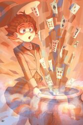 1girl :o ace_(playing_card) ace_of_diamonds ace_of_spades blue_eyes buttons card cauldron collared_shirt danganronpa_(series) danganronpa_v3:_killing_harmony diamond_(shape) eight_of_diamonds_(playing_card) eyelashes five_of_clubs five_of_hearts floating_hair four_of_hearts hat highres jacket limited_palette long_sleeves non-web_source open_mouth page_number playing_card rass_berres red_theme seven_of_diamonds shirt six_of_hearts skirt solo spade_(shape) sweater_vest ten_of_clubs ten_of_spades three_of_clubs three_of_diamonds two_of_clubs two_of_diamonds two_of_spades wind witch_hat yumeno_himiko