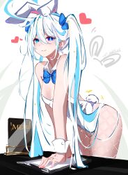 1girl 271 2025 absurdres animal_ears aqua_hair blue_eyes blue_halo breasts cleavage commentary dated english_commentary english_text furina_(genshin_impact) genshin_impact halo heart highres leotard looking_at_another multicolored_hair playboy_bunny rabbit_ears smile solo two-tone_hair upper_body white_background white_hair white_leotard