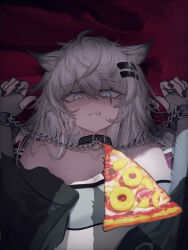 1girl absurdres animal_ear_fluff animal_ears arknights bandeau bare_shoulders black_jacket chain clenched_teeth collar collarbone commentary_request food grey_eyes grey_hair highres jacket lappland_(arknights) long_hair lying mebe_(teadia_violet) on_back pineapple_on_pizza pizza restrained revision scar scar_across_eye scar_on_face solo teeth white_bandeau wolf_ears wolf_girl