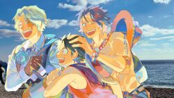 3boys ^_^ arm_tattoo ascot black_hair blonde_hair brothers closed_eyes cloud commentary goggles goggles_around_neck hand_on_another&#039;s_head hat jewelry male_focus monkey_d._luffy multiple_boys necklace one_eye_closed one_piece open_mouth pearl_necklace portgas_d._ace profile real_life_insert sabo_(one_piece) scar scar_on_face senzzang short_hair siblings straw_hat tattoo topless_male twitter_username white_ascot