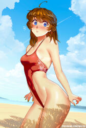 1girl ahoge artist_name bare_arms bare_legs bare_shoulders beach blue_eyes blush breasts brooke_(mleth) brown_hair cloud cloudy_sky cowboy_shot day female_focus freckles looking_at_viewer medium_breasts medium_hair mleth nail_polish one-piece_swimsuit original outdoors paid_reward_available patreon_username red_one-piece_swimsuit sky solo solo_focus surprised swimsuit tan tanline thick_thighs thighs water watermark web_address