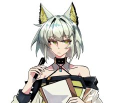 1girl absurdres animal_ear_fluff animal_ears arknights bare_shoulders chinese_commentary closed_mouth commentary green_eyes grey_hair hair_intakes halterneck highres holding holding_pen kal&#039;tsit_(arknights) off_shoulder pen short_hair shu_yi_wei_nian simple_background solo upper_body white_background yellow_pupils