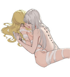 Rule 34 | 2girls, absurdres, back tattoo, bamboo nima, bandaged hand, bandaged leg, bandages, biting, blonde hair, blood sucking, breasts, closed eyes, cowboy shot, facing away, hand on another&#039;s back, hand on another&#039;s neck, hand tattoo, highres, holding hands, long hair, lorelei (reverse:1999), lying, lying on person, medium breasts, moon phases, multiple girls, neck biting, nude, on back, on stomach, reverse:1999, scar, scar on neck, scar on shoulder, semmelweis (reverse:1999), sideboob, tattoo, white background, white hair, yuri