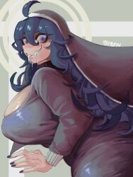 1girl ahoge alternate_costume artist_name black_hair blush breasts crazy_eyes crazy_smile curly_hair derufiin drooling female_pervert hex_maniac_(pokemon) huge_breasts long_hair looking_at_viewer nails nintendo nun pervert pokemon purple_eyes purple_hair saliva smile solo veil
