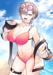 1girl beach belt bikini blue_sky breasts choker cleavage cloud day earrings fangs finger_to_mouth gomo grey_hair hair_over_one_eye highres horizon jacket jewelry large_breasts looking_at_viewer navel ocean open_clothes open_jacket open_mouth original outdoors pink_eyes sand shore sky solo stud_earrings swimsuit thigh_belt thigh_strap translucent water
