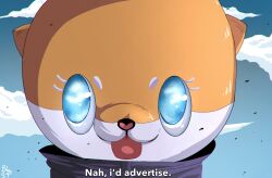 1other :d black_shirt blue_eyes blue_sky chiitan cloud commentary english_commentary english_text graniteblast highres jujutsu_kaisen meme nah_i&#039;d_win_(meme) open_mouth otter shirt sky smile solo susaki yuru-chara