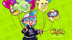aqua_hair backwards_hat balloon bandaid bandaid_on_face bandaid_on_nose baseball_cap black_gloves black_hood black_hoodie black_sleeves blinking_inside_eyes blue_eyes blue_shorts character_balloon commentary copyright_name copyright_notice double-parted_bangs emma_(ninjala) english_commentary english_text fingerless_gloves gloves green_background gumchi hair_between_eyes hat holding holding_balloon hood hoodie kappei_(ninjala) logo ninjala official_art open_mouth polka_dot polka_dot_background puffy_shorts rianti-wong ron_(ninjala) scar scar_on_face shorts teeth text_print tongue triangle_print upper_teeth_only watermark web_address white_hat